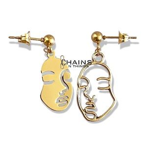 Two Faces Pair of Earrings gold plated, Modern Boho Woman Hollow & Solid Charms